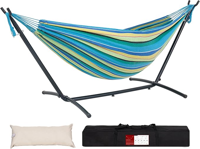 Lazy Daze Hammocks Double Hammock with 9FT Space Saving Steel Stand Includes Portable Carrying Case, 450 Pounds Capacity (Blue&Yellow)