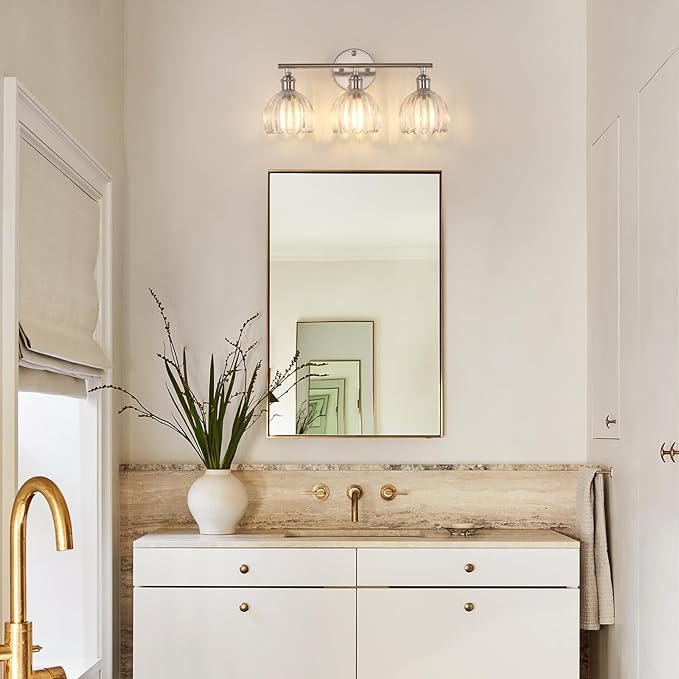 Bathroom Light Fixtures, 3-Light Vanity Wall Light Over Mirror with Clear Tulip Glass Shade for Bedroom Living Room, Satin Nickel