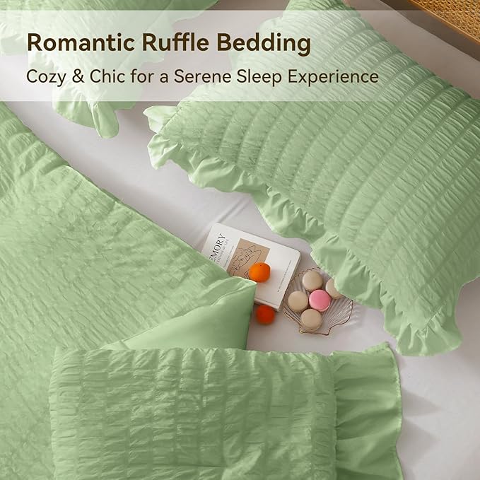 JOLLYVOGUE Sage Green Twin Size Comforter Set, 2 Pieces Seersucker Lightweight Fluffy Bedding Set, Twin Ruffle Comforter, All Season Soft Microfiber Shabby Chic Bed Set