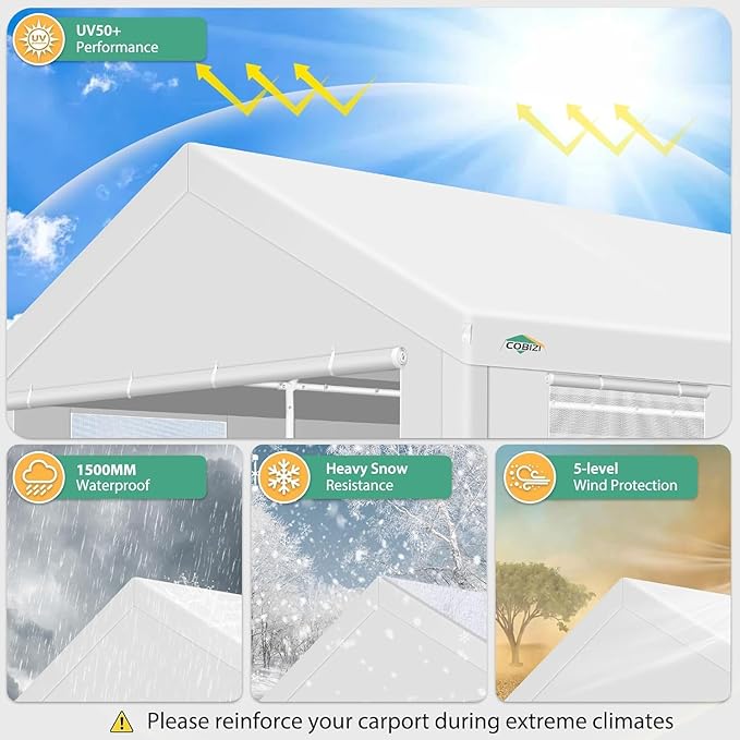 COBIZI Carport 10x20ft Heavy Duty Portable Garage, 2.0 Powder Coated Frame(Better Than Galvanized), Waterproof Shelter with Removable Sidewalls & Windows, Built-in Sandbags, for Car/Boat/SUV, White