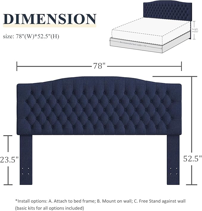 King Headboard Only, Upholstered Headboard for Adjustable Bed Linen Tufted Cal King Size Wall Mounted Head Board with Solid Wood Legs Head Board, Navy Blue