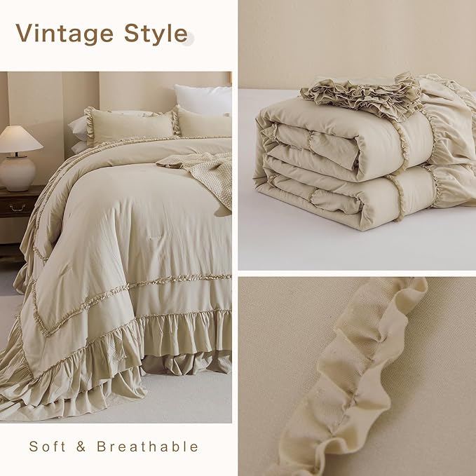 QSH Wheat Oversized King Comforter Set 120x120, Farmhouse Ruffled Bedding Comforter French Country Shabby Vintage Bed Comforter Microfiber Soft Lightweight Fluffy Bedding 3 PCs