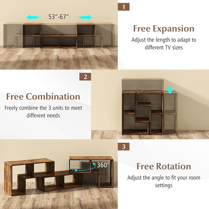 Giantex Free-Combination TV Stand for Bedroom - Entertainment Center for 50 55 60 65 Inch TV, 3-Piece Media Console Table with Storage Cubes, Deformable Open Storage Bookcase Shelf (Brown)