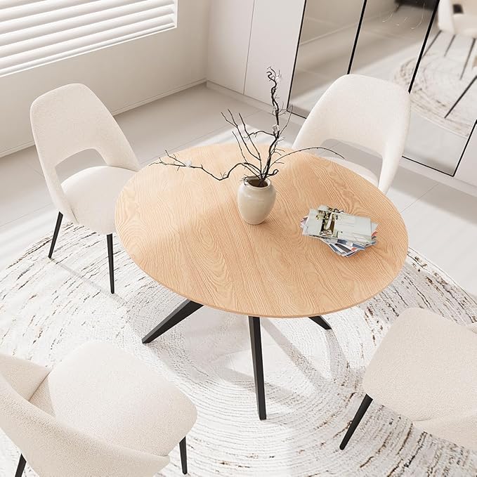 Kidol & Shellder 45.2" Round Dining Table Set for 2-4 People Modern MDF Wooden Dining Room Round Table with X-Shaped Metal Base Kitchen Table（Natural Table+2pcs Beige Chairs）