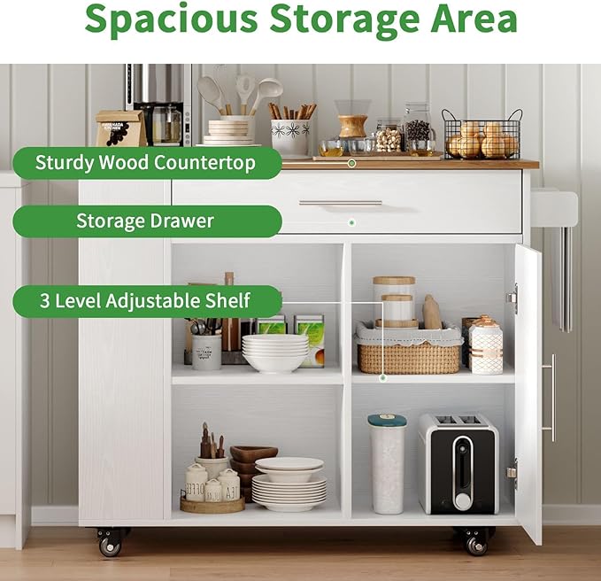 4 EVER WINNER Kitchen Island on Wheels, Kitchen Island Cart with Spice Rack & Towel Rack, Storage Cabinet & Drawer, Farmhouse Coffee Bar with Open Shelves for Dining Room,White