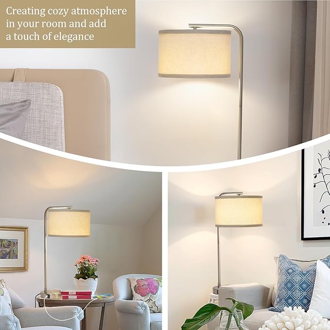 Table Lamp for Living Room, Modern Bedside Lamp with USB C+A Ports, Fully Dimmable Nightstand Lamp with Beige Drum Shade, Silver Finish Side Table Lamp for Bedroom Office, 3000K LED Bulb Included