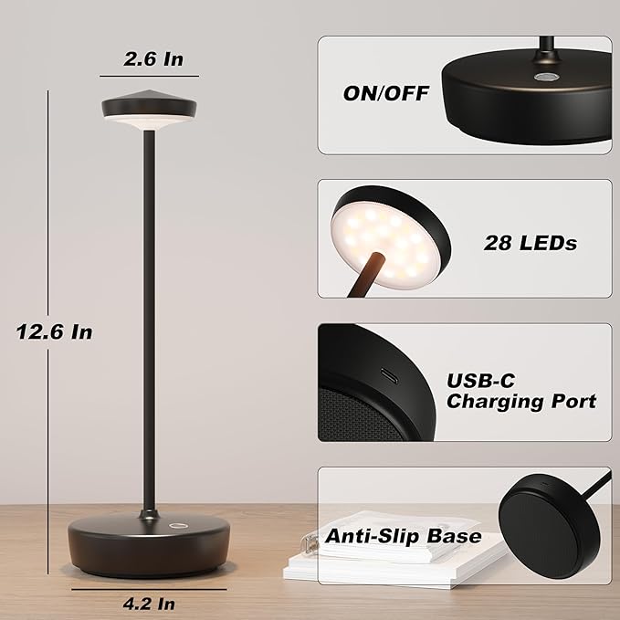 Cordless Table Lamp Rechargeable - LED Battery Table Light with 3 Color Temperatures, Stepless Dimming, Waterproof Aluminum for Indoor Outdoor, Patio, Restaurant, Dinner (Black)