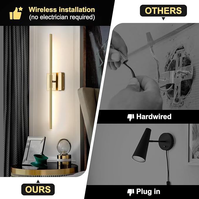 Battery Operated Wall Sconces Set of 2, Battery Wall Sconce with Remote Control,350°Rotate, LED Rechargeable Sconces,3000K-6000K Wireless Wall Light for Bedroom, Living Room, Hallway (Gold,28Inch)