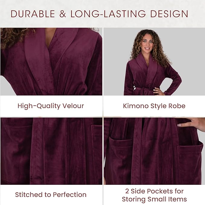 Be Relax Terry Velour Robe - Made of Polyester, Shawl Collar Robe with Belt & Side Pockets, Soft & Warm Bathrobe for Women