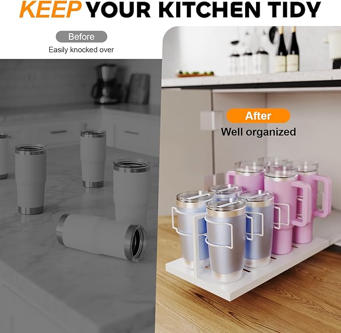 Pull Out Stanley Cup 0rganizer, Tumbler Organizer for Cabinets, Stainless Steel Water Bottle Organizer for 16 to 40oz Cup, White