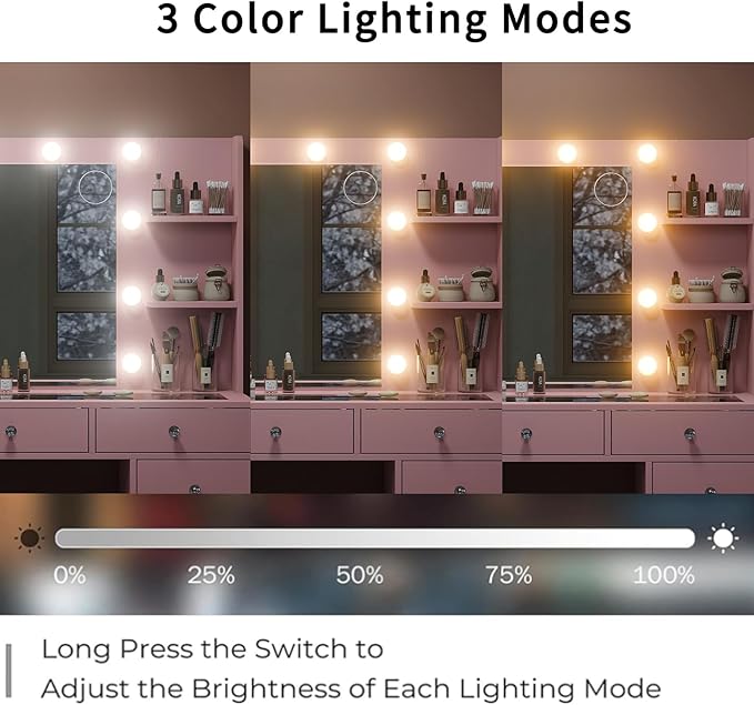 Vanity Desk with Power Outlet, Makeup Table with Mirror and 12 LED Lights, 3 Color Lighting Modes, 11 Drawers Makeup Vanity with 4 Shelves, Fold-up Panel, Vanity Set for Bedroom, Pink