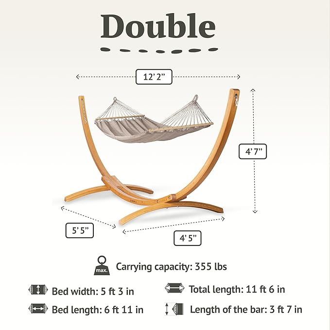 LA Siesta® Alisio Hammock with Spreader Bar & Elipso Stand, Outdoor Hammock with Stand Included, Larch Wood Stand - Weatherproof Outdoor Hammock, 2 Person Hammock w/Stand - Max 355 Lbs, Almond