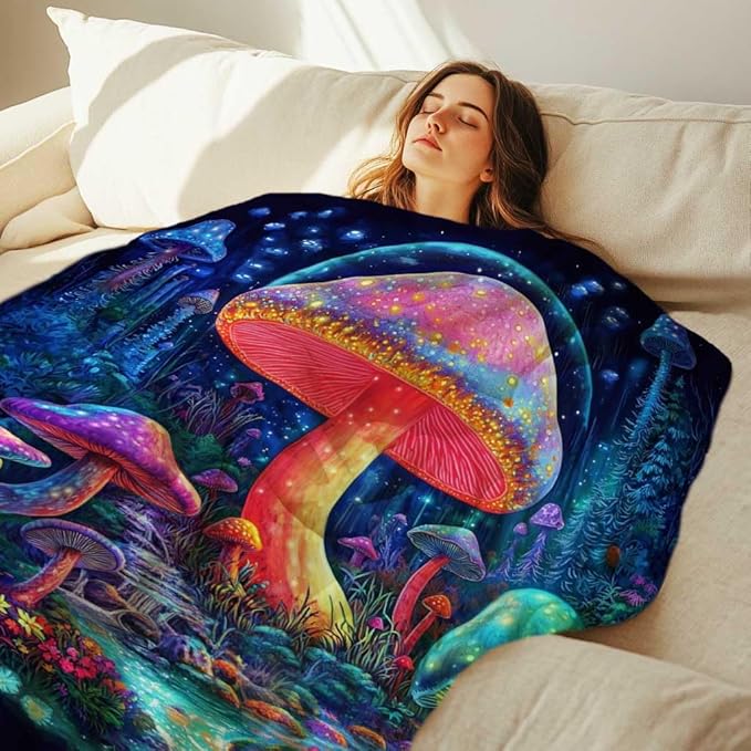 Mushroom Blanket, Mushroom Gifts for Women Men, Hippie Cottage Core Home Decor, Lightweight Fleece for Adults Teens, 50x60 Inches, 310 GSM, Plush No Pilling, Single Sided Printed