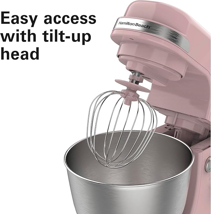 Hamilton Beach Electric Stand Mixer, 4 Quarts, Dough Hook, Flat Beater Attachments, Splash Guard 7 Speeds with Whisk, Rose