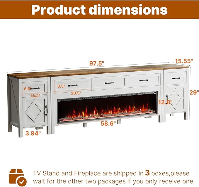 Modern TV Stand with Fireplace for TVs Up to 100 Inch,Entertainment Center with 60" Electric Fireplace,98" TV Console with Storage Cabinet Drawers for Living Room(Off White)