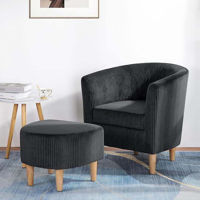 DAZONE Accent Chair, Barrel Chair with Ottoman Comfy Armchair Corduroy Living Room Chairs Mid Century Modern Chair Upholstered Club Tub Sofa Chair for Bedroom Reading Room Charcoal