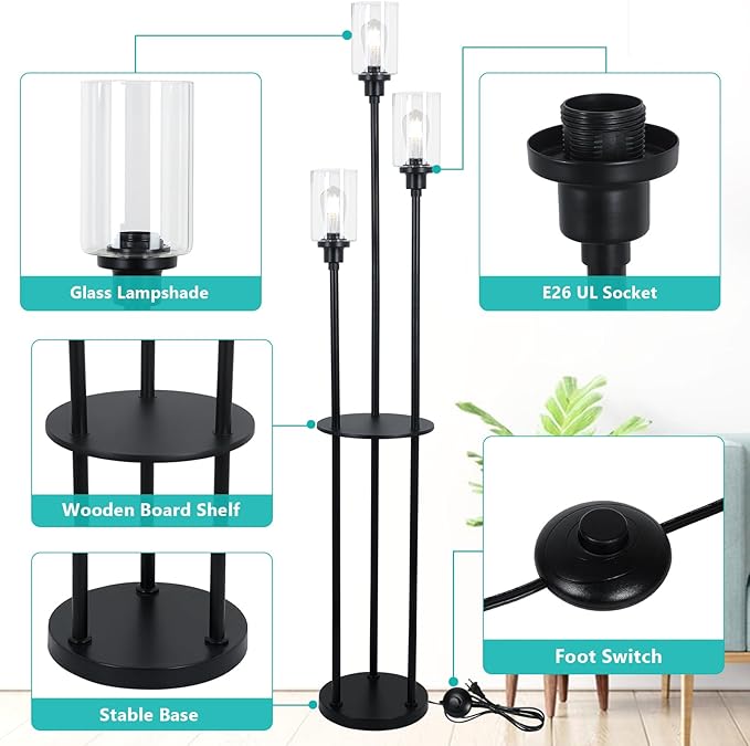 HMVPL Floor Lamps for Living Room, 3-Lights Modern Floor Lamp with Shelves, Farmhouse Standing Lamp with Glass Shades, On/Off Foot Switch, Black Industrial Tall Lamp for Bedroom Office Corner(66")