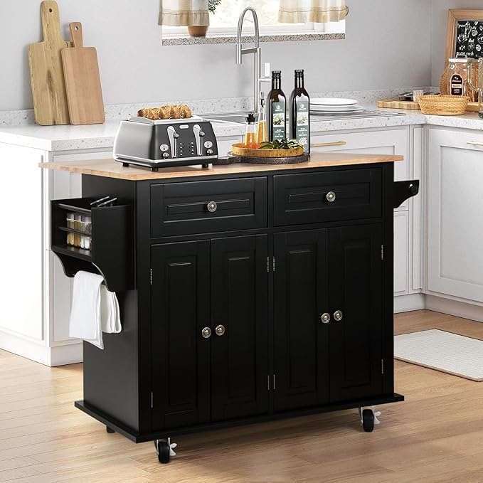 VOWNER 43" W Kitchen Island with Drop Leaf, Rolling Kitchen Island with Drawers, Portable Island Kitchen with Storage, Floating Kitchen Cart with Spice Rack & Towel Rack, Isla para Cocina (Black)