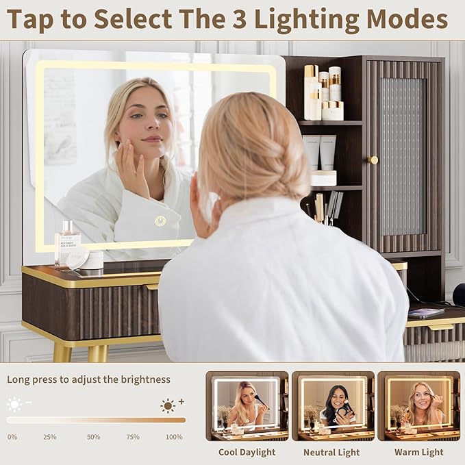 QUW Fluted Makeup Vanity Desk with Mirror and Lights, Modern Glass Top Vanity Table with Charging Station, Vanity Mirror 3 Lighting Modes Adjustable Brightness, Dressing Table for Bedroom, Dark Walnut