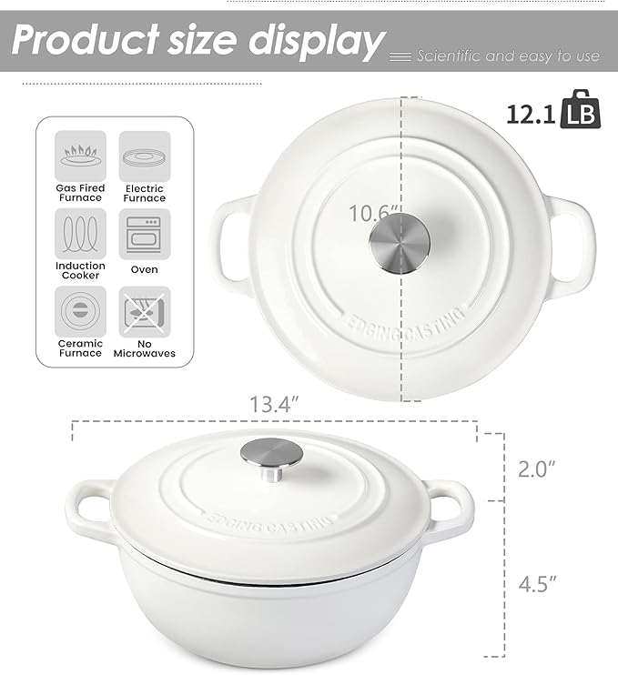 Enameled Cast Iron Dutch Oven Pot with Lid for Sourdough Bread Baking, Bread Dutch Ovens, Cooking Pots, 5 Quart, White