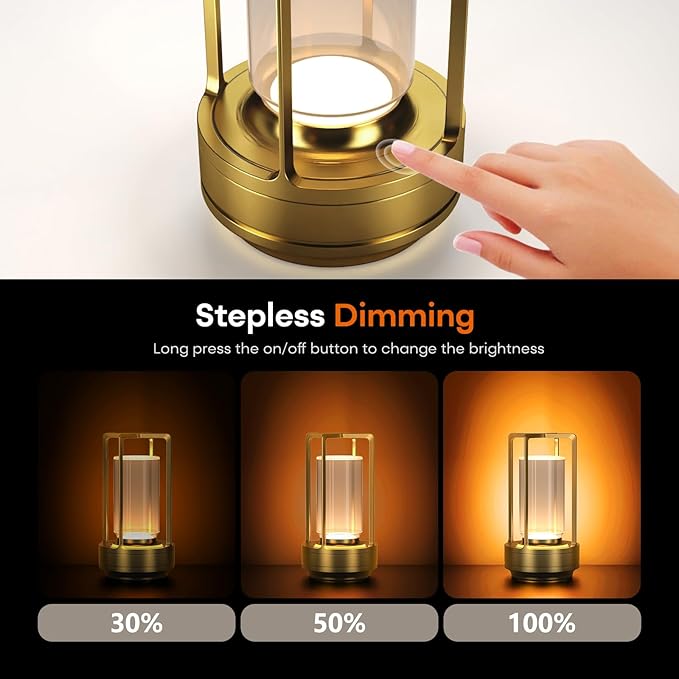 Portable Metal Table Lamp for Indoor/Outdoor ,Rechargeable Cordless LED Lamp, 3-Colour Infinitely Dimming Battery Powered Small Desk Lamp, Restaurant/Bedroom/Bar/Coffee/Camping Light (Gold Set of 2)
