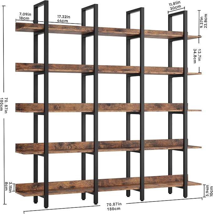 IRONCK Bookcase and Bookshelves Triple Wide 5 Tiers Large Open Shelves, Etagere Book Shelf with Back Fence for Home Office Decor, Easy Assembly, Vintage Brown