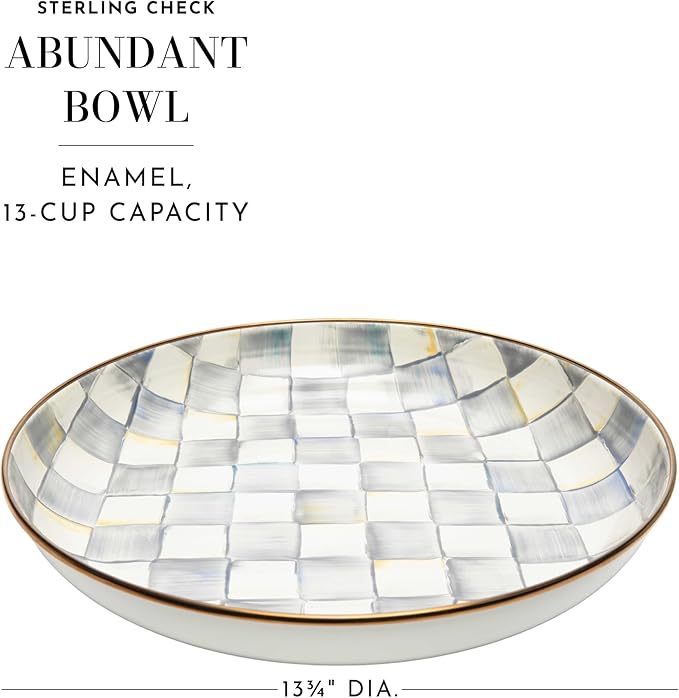 MACKENZIE-CHILDS Enamel Abundant Bowl, Decorative or Serving Bowl, 13-Cup Capacity, Gray-and-White Sterling Check
