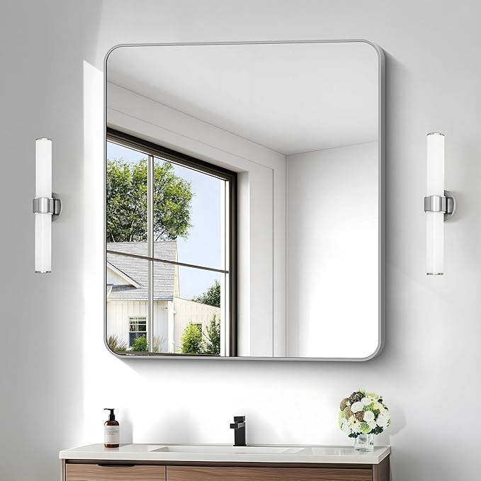 36x40 Inch Silver Bathroom Mirror, Metal Framed Silver Rectangle Mirrors, Rounded Rectangular Vanity Mirror, Wall Mounted Mirrors for Living Room Bedroom Entryway Hangs Horizontal or Vertical