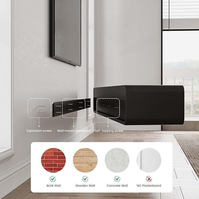 POVISON Fully-Assembled Minimalist Floating TV Stand, Modern Wall-Mounted Entertainment Center with 3 Flip-Down Cabinet Doors, Solid Wood, Walnut Veneer & White, 78"