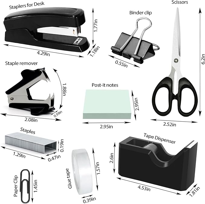 Black Office Desk Accessories, Black Office Supplies Set, Desk Drawer Organizer,Stapler and Tape Dispenser Set,Tape,Staple Remover, Staples, Paper Clips, Scissor and Sticky Note (Black)