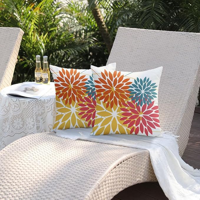 DFXSZ Outdoor Pillow Covers 16x16 Inch Set of 2 Orange Yellow Red Flower Decorative Waterproof Fall Summer Outdoor Pillow Covers for Patio Funiture Garden Couch 168G16