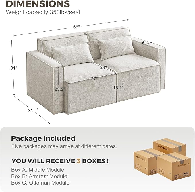 ELUCHANG Oversized Loveseat Sofa,Modern Boucle Sectional Sleeper Sofa with Strong Wood Frame,High Supportive & Soft Sponges Comfy Upholstered Couch Deep Seat Couch for Living Room Apartment,Oatmeal