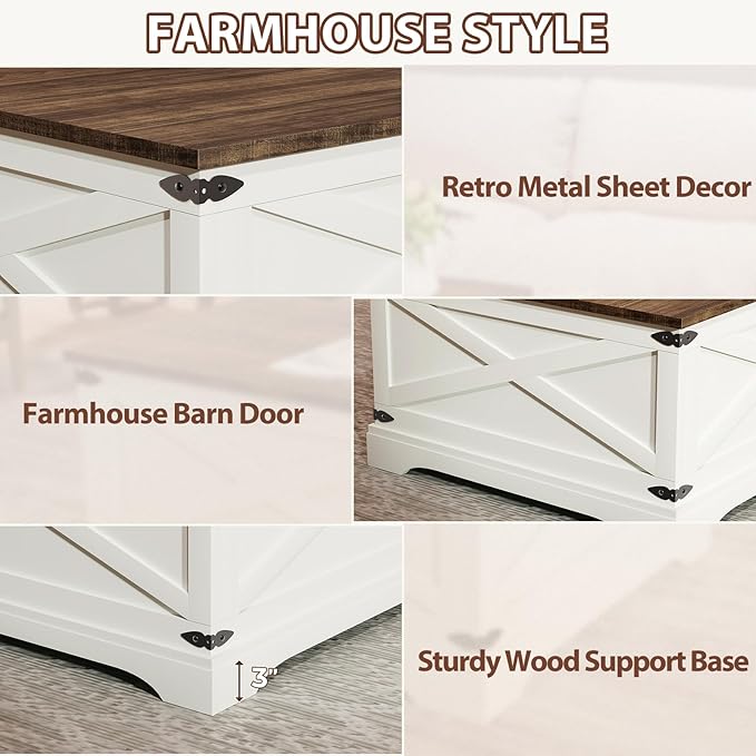 Lift Top Coffee Table with Storage, Square Coffee Table for Living Room with Charging Ports, Farmhouse Dining Table with Large Hidden Storage, White, 31.5"