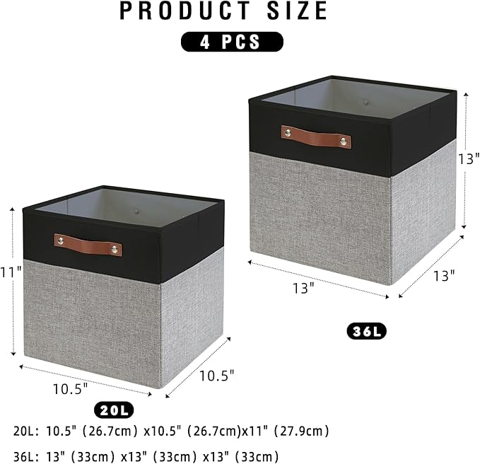 Collapsible Fabric Storage Cube Bins with 2 Reinforced PU Handles, Foldable Storage Organizer Baskets for Closet, Shelves, Living Room | 11"x11"x11", 4 Pack, Black & Gray