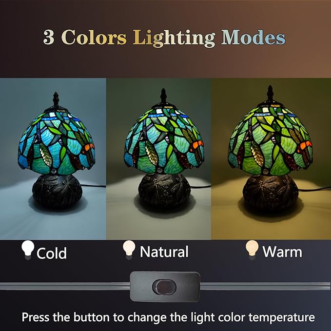 Small Tiffany Stained Glass Lamp, 3 Color Temperatures Bedside Lamp, 8 Inch Mushroom Desk Light for Bedroom Living Room Office Home Decor (Wheat Pattern)