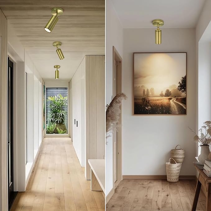 Brass Ceiling Spotlight, Hardwired LED Ceiling Spot Lights, Flush Mounted Directional Ceiling Light, Indoor Spotlight Fixtures, Adjustable Monopoint Spot Lights for Living Room Dining Room