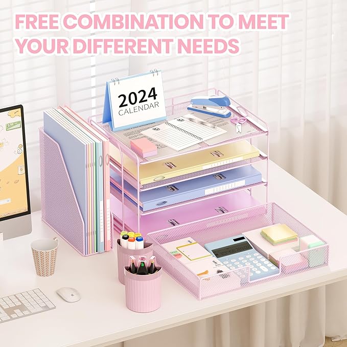 Desk Organizer and Accessories, 4-Tier Desktop File Organizer with Drawer and 2 Pen Holders, Office Desk Accessories for Office Supplies(Pink)