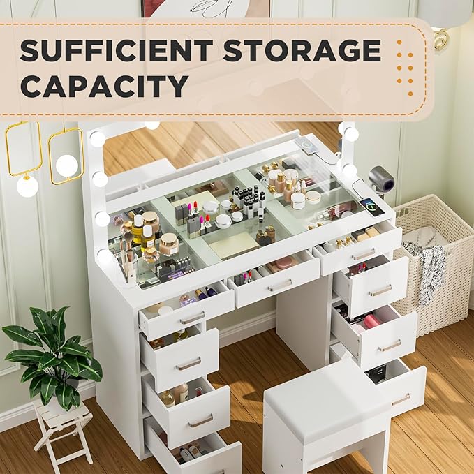 Likein Vanity Desk with Mirror and Lights, 47‘’ Glass Top Vanity with Power Strip, 9 Drawers Makeup Vanity with Lighted Mirror and Chair, 3 Lighting Modes Adjustable Brightness