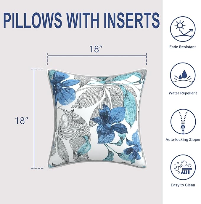 Outdoor Throw Pillows Inners, Fade Resistant Patio Furniture Square Pillows with Piping Set of 2, 18x18 Inch, Clemens Blue