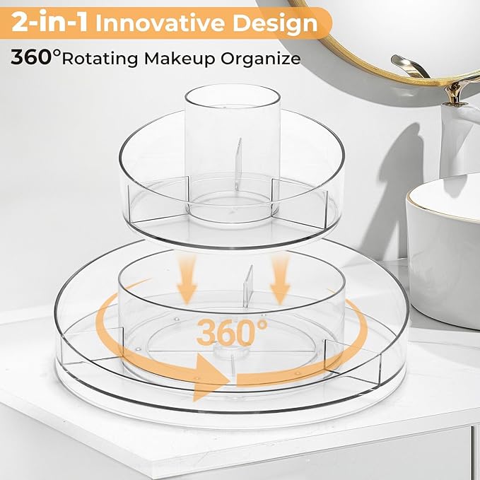 360° Rotating Makeup Organizer - Cosmetic Skincare Organizers wish Brush Holder, Large Capacity Cosmetic Display Case for Vanity, Bathroom Countertop (Clear)