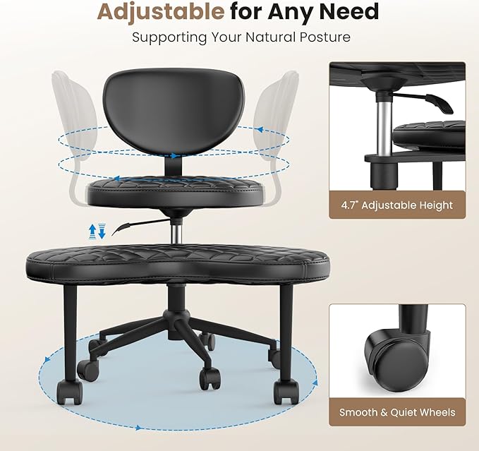 Cross Legged Office Chair, Ergonomic Criss Cross Design, Wide Comfy Desk Seat, ADHD Meditation Chair with Wheels, Adjustable Height Kneeling Chair with Back Support