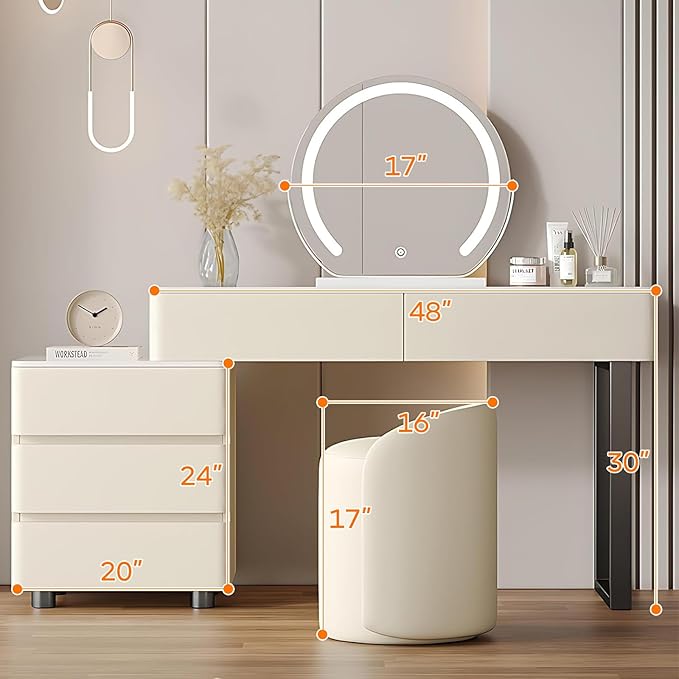 Solid Wood Vanity Desk, Modern Makeup Vanity with Drawers & Rock Slab Countertop and LED Light Mirror, Simple Dressing Table with Makeup Stool for Bedroom (White)