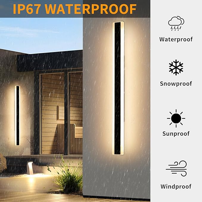 Modern 57inch Outdoor Wall Light, 3000k/4500k/6000k 3 Color Change Black Exterior Light Fixtures Wall Mount, Ip65 Waterproof Modern Porch Lights, Long Linear Outside Lighting Hard-Wired Non-Dimmable