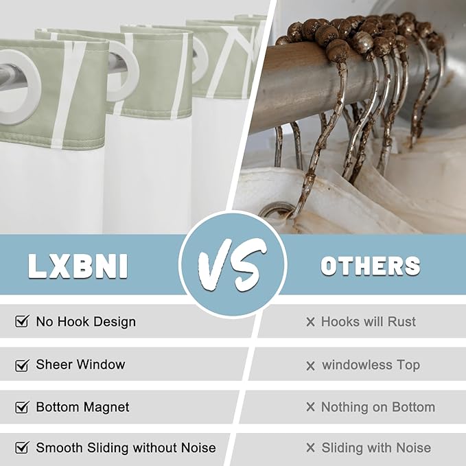 No Hook Ombre Sage Green Striped Shower Curtain with Snap in Liner Set - Hotel Shower Curtain and Liner Set with See Through Mesh Top Window,Machine Washable, 71x74 INCH