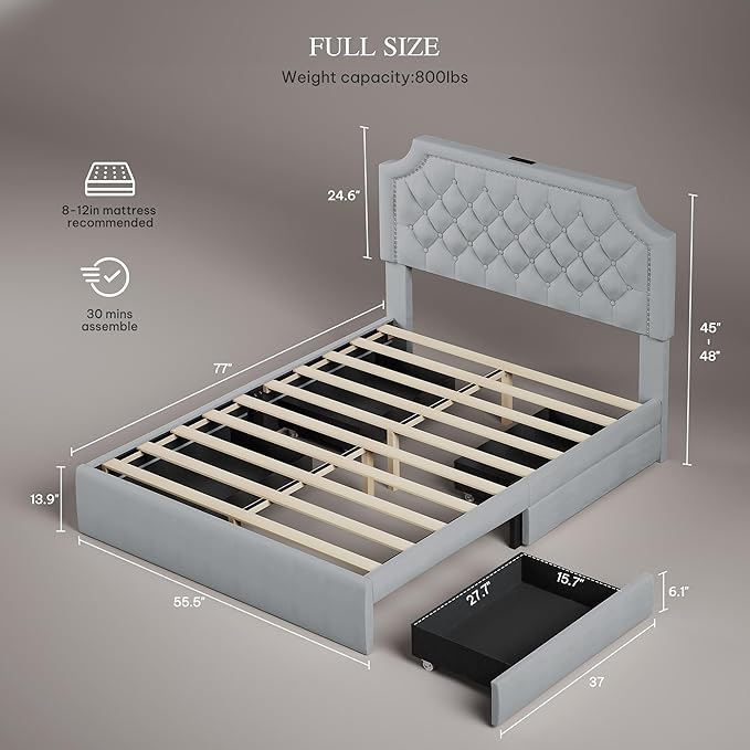 YITAHOME Full Size Bed Frame with Adjustable Headboard, 4 Storage Drawers and Charging Station, Velvet Upholstered Bed Frame with Button Tufted, No Box Spring Needed, Fast Assembly, Noise-Free, Grey