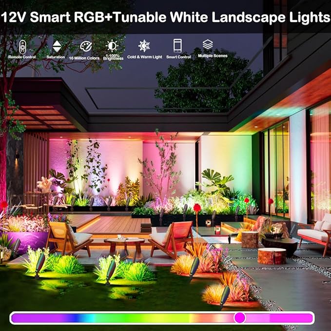 Smart RGB Low Voltage Landscape Lighting, 12V Color Changing Outdoor Spot Lights, Waterproof IP65 LED Garden Lights with App Control, Warm White to Multicolor, Uplight for Driveway (4Pack)