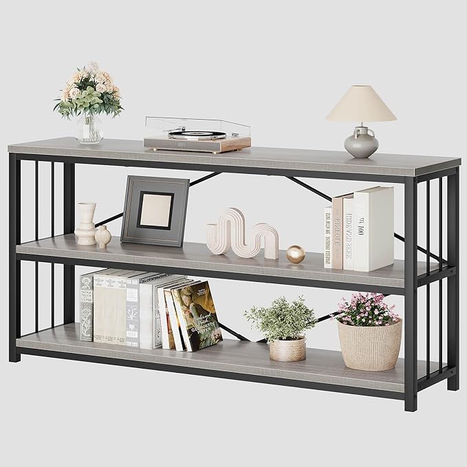LVB Extra Long 3-Tier Sofa Table, Industrial Console Table with Storage Shelf, Modern Rustic Wood Metal Narrow Entryway Table, Skinny Behind Couch Table for Foyer Living Room Bedroom, Light Grey, 70In