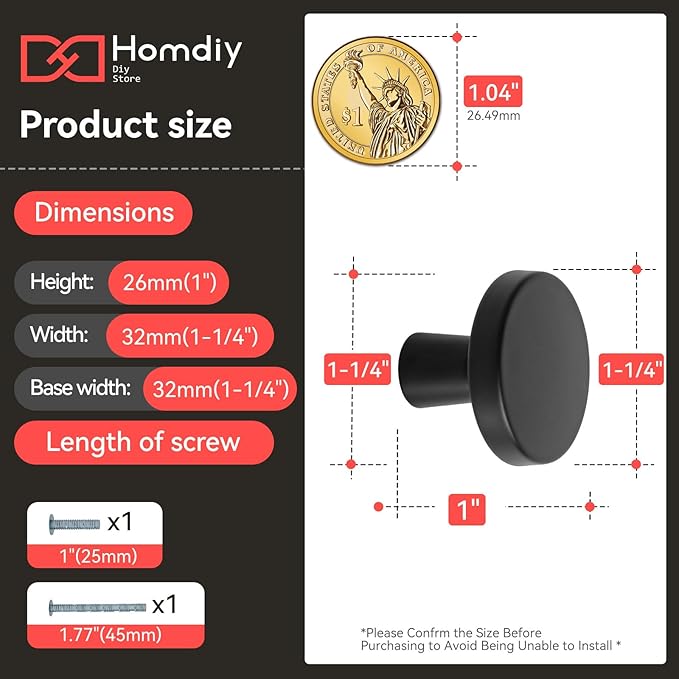homdiy 5 Pack Black Cabinet Knobs Round Matte Kitchen Handles Zinc Alloy Metal Hardware for Dresser Drawer Desk Cupboard