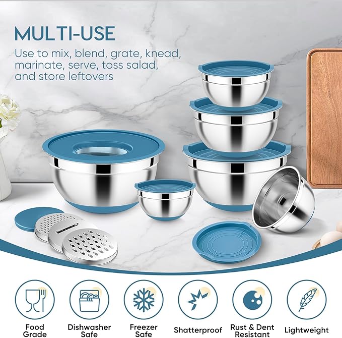 E-far 25PCS Mixing Bowls with Lid Set, Stainless Steel Nesting Prep Bowls with Grater Attachments Non-Slip Bottoms for Cooking, Baking, Serving, Food Storage, 4.6/2.6/2/1.5/1/0.7QT - Blue