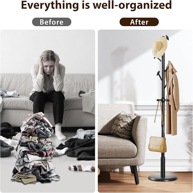 Solid Wood Coat Rack Freestanding Coat Tree with 10 Hooks for Bedroom, Livingroom, Entryway, Sturdy Coat Hanger Stand for Hats, Coats, Scarves, Handbags, Purses